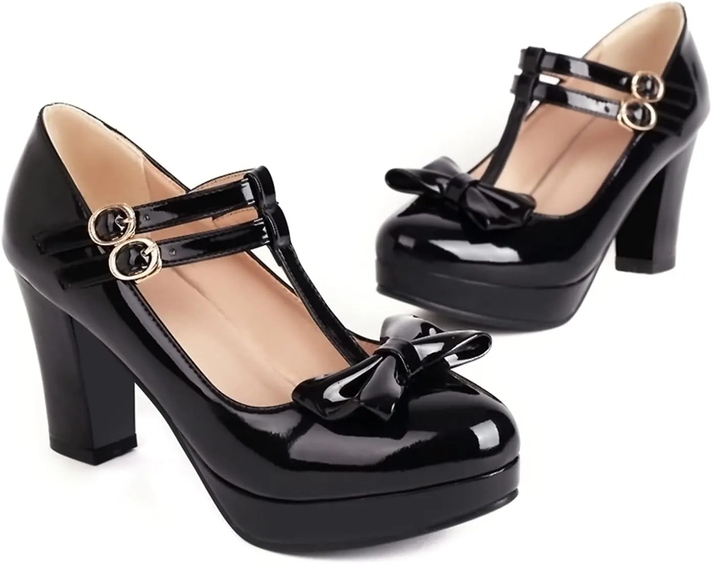 Sungtin Women's Sweet Kawaii Bow Lolita High Heels,Vintage Ankle Buckle Chunky Heels Pumps Mary Jane Platform Shoes