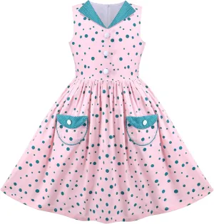Sunny Fashion Girls Dress Blue Polka Dot Pocket Pleated Summer Sleeveless Cotton