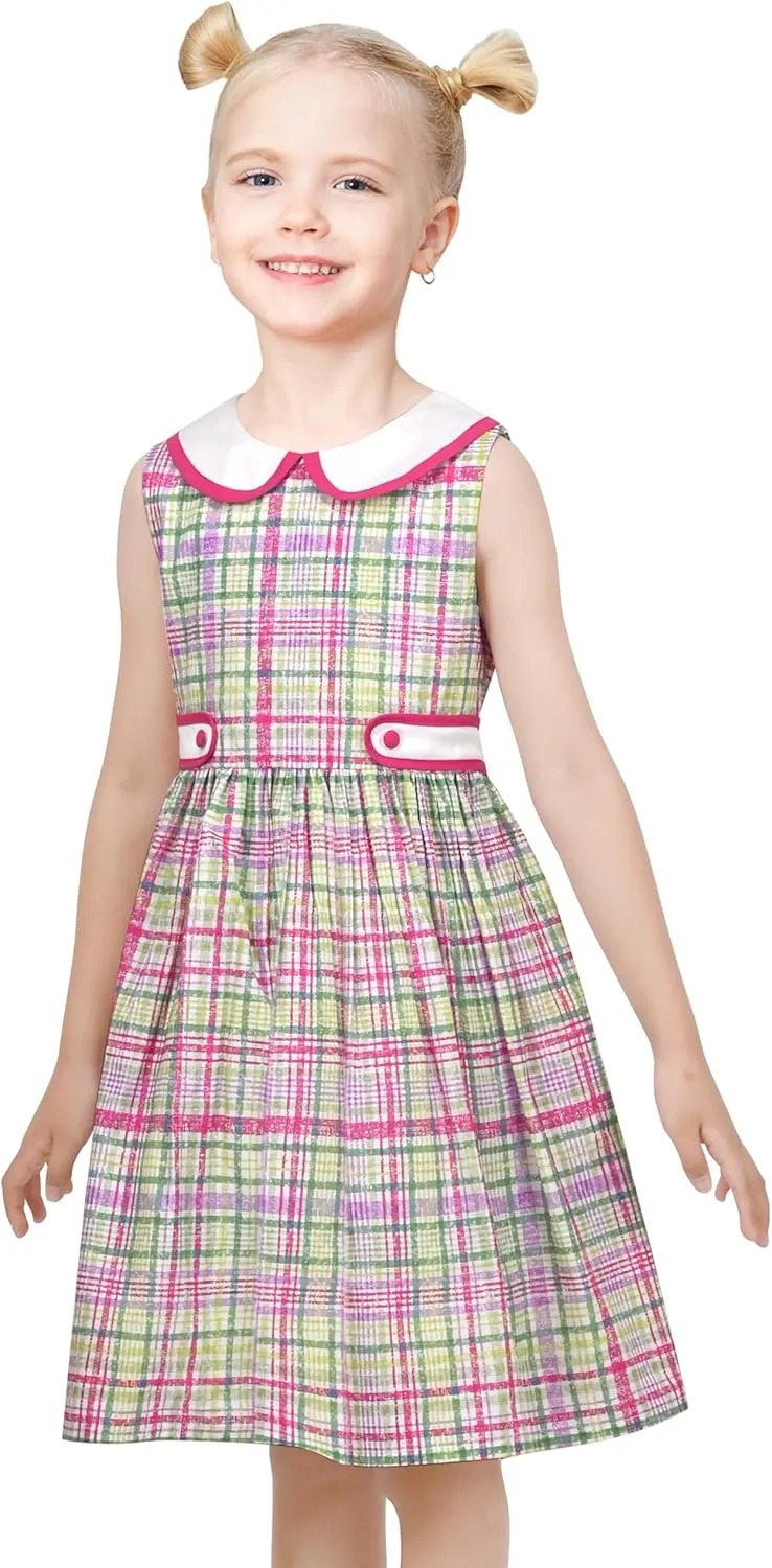 Sunny Fashion Girls Dress Blue Polka Dot Pocket Pleated Summer Sleeveless Cotton