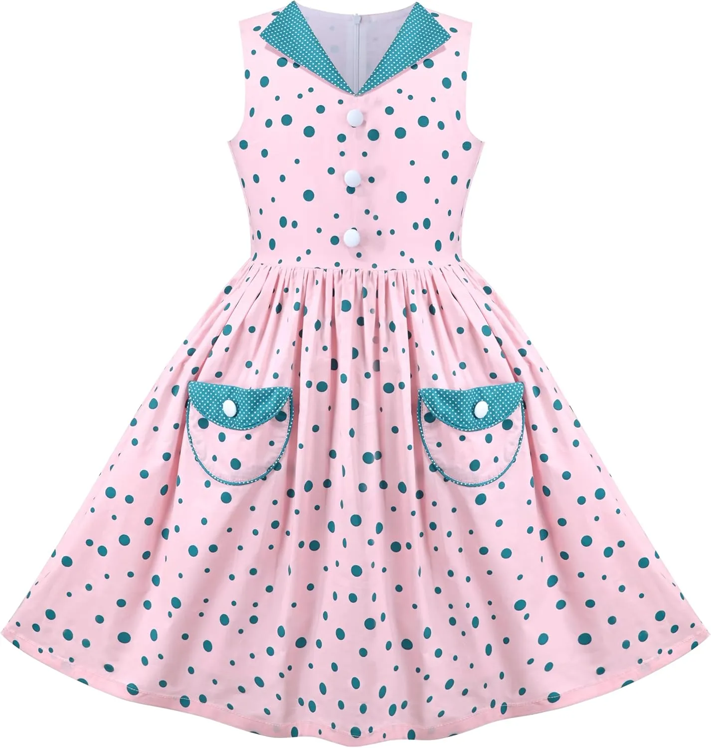 Sunny Fashion Girls Dress Blue Polka Dot Pocket Pleated Summer Sleeveless Cotton