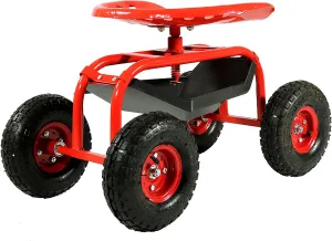 Sunnydaze Rolling Garden Cart with Swivel Seat and Storage - Rolling Garden Seat with Wheels - Gardening Stool with Wheels - Red
