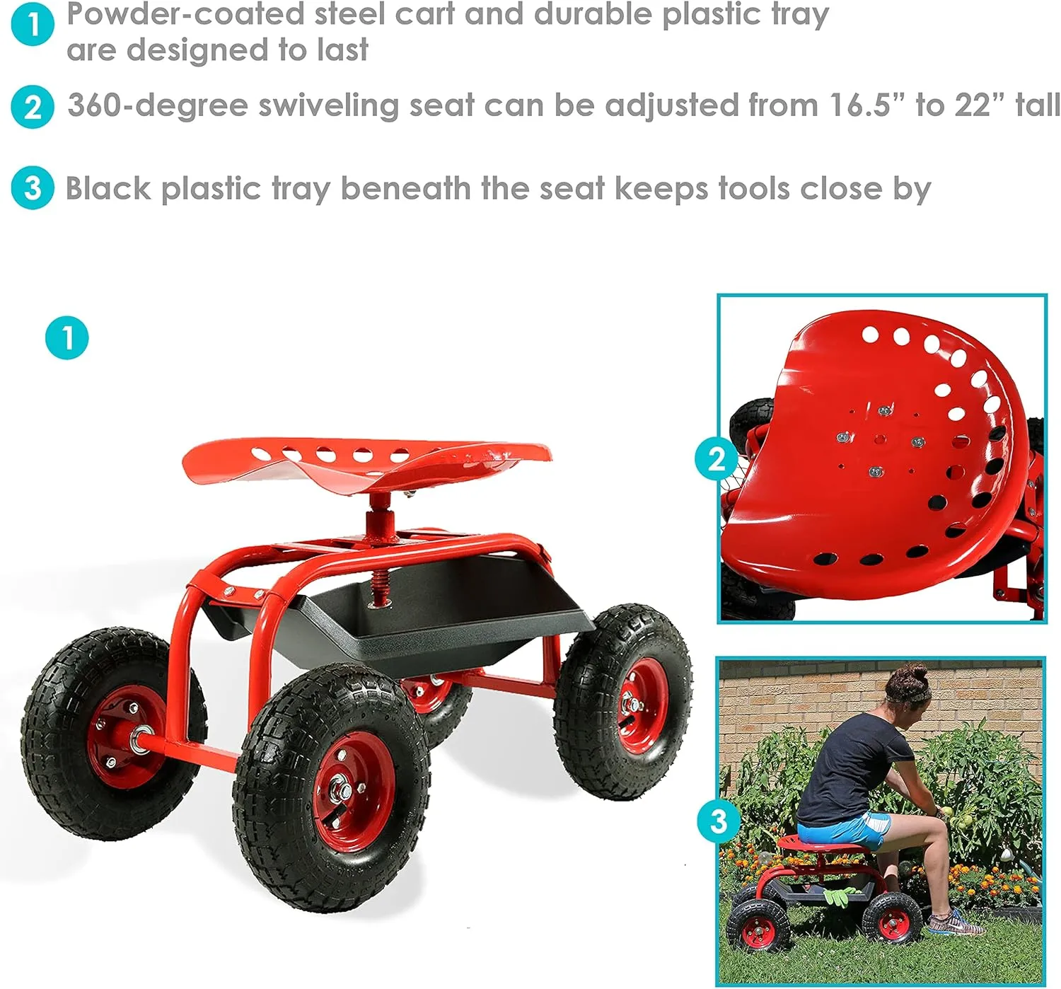 Sunnydaze Rolling Garden Cart with Swivel Seat and Storage - Rolling Garden Seat with Wheels - Gardening Stool with Wheels - Red