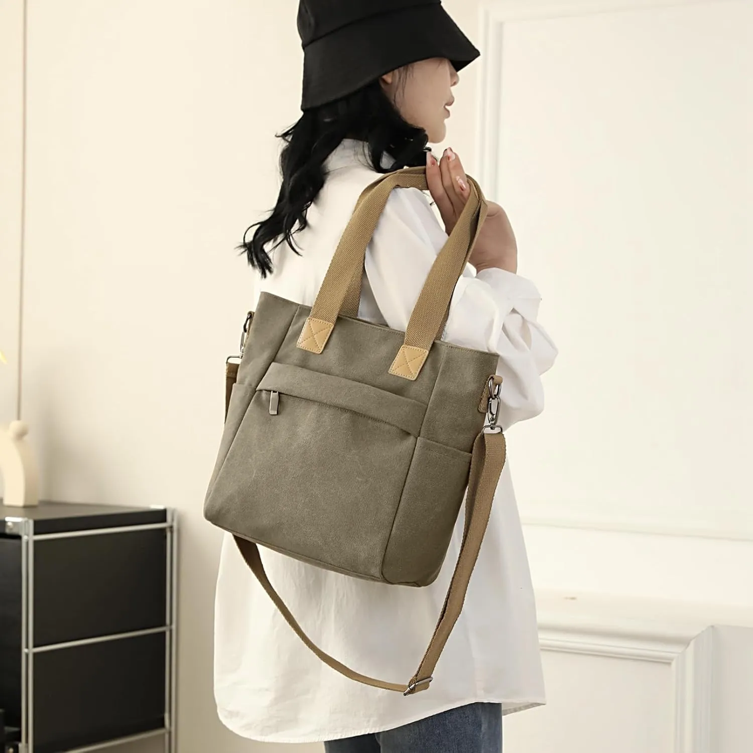 Sunshinejing Women's Canvas Tote Bag Top Handle Handbag Work Totes Purse Shoulder Crossbody Bag