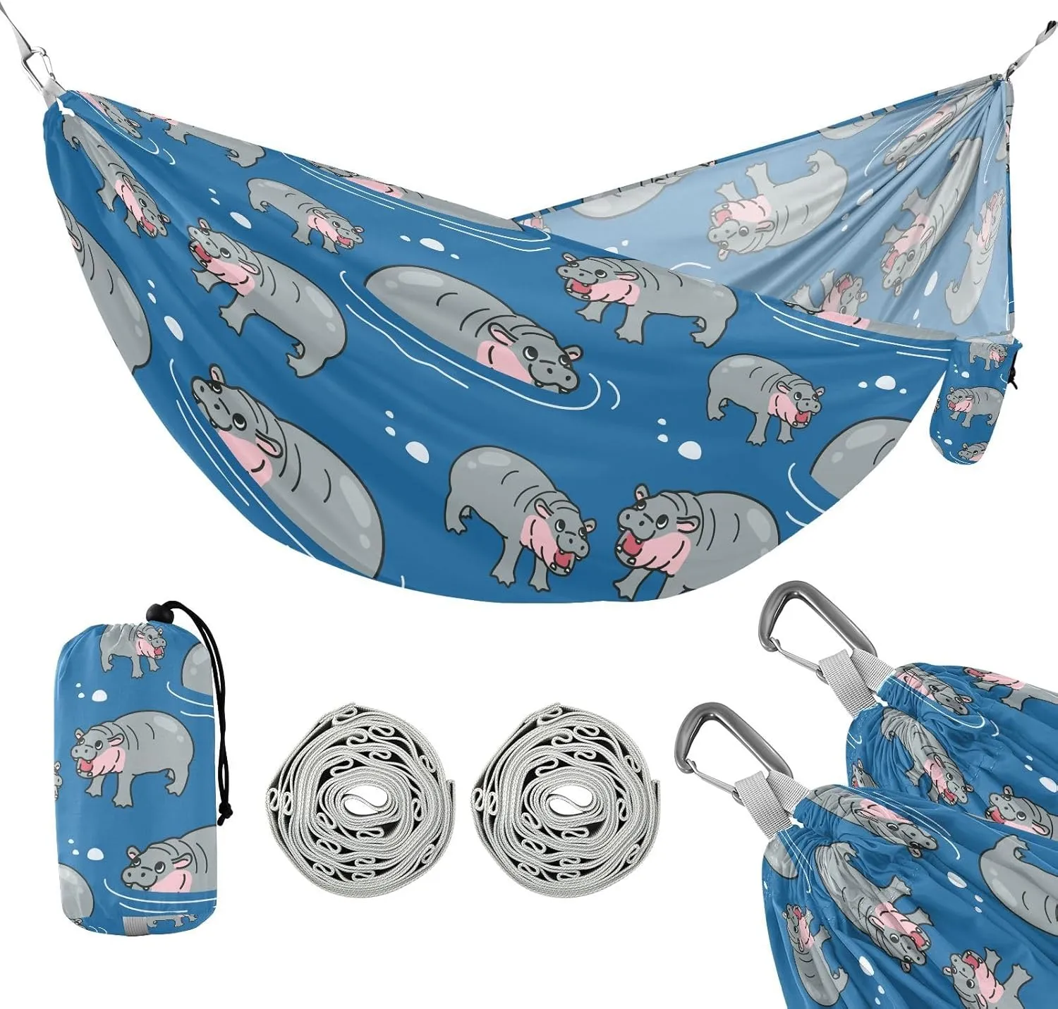 susiyo Portable Camping Hammock Cute Hippopotamus Printed Lightweight Hammock Comfortable Travel Swing with Tree Straps for Camping Hiking Backpacking Travel or Beach - Up to 330lbs