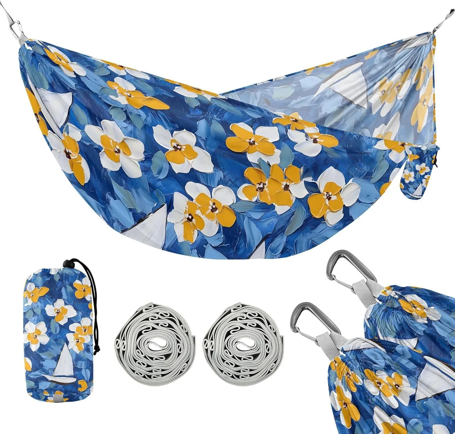 susiyo Portable Camping Hammock Yellow Flowers Sailboat Printed Lightweight Hammock Comfortable Travel Swing with Tree Straps for Camping Hiking Backpacking Travel or Beach - Up to 330lbs