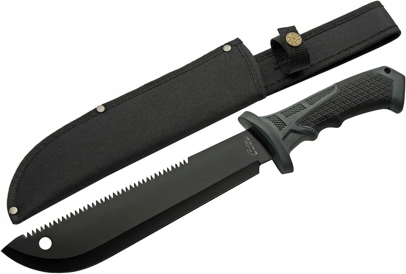 Szco Supplies 15.25” Rubberized Handle Saw Back Upsweep Machete with Nylon Sheath,Black,211558