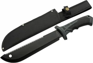 Szco Supplies 15.25” Rubberized Handle Saw Back Upsweep Machete with Nylon Sheath,Black,211558