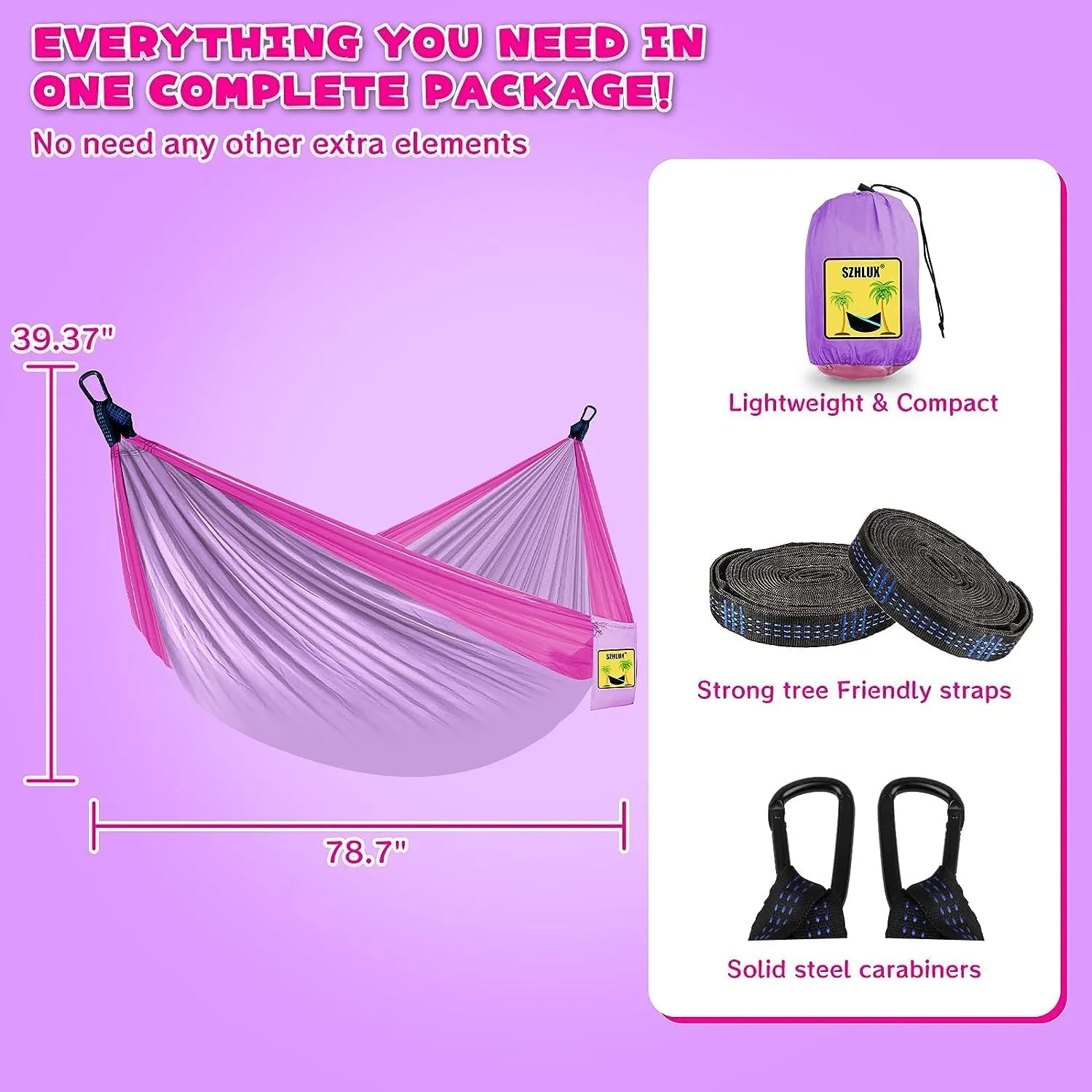 SZHLUX Kids Hammock - Kids Camping Gear, Camping Accessories with 2 Tree Straps and Carabiners for Indoor/Outdoor Use, Pink & Light Purple