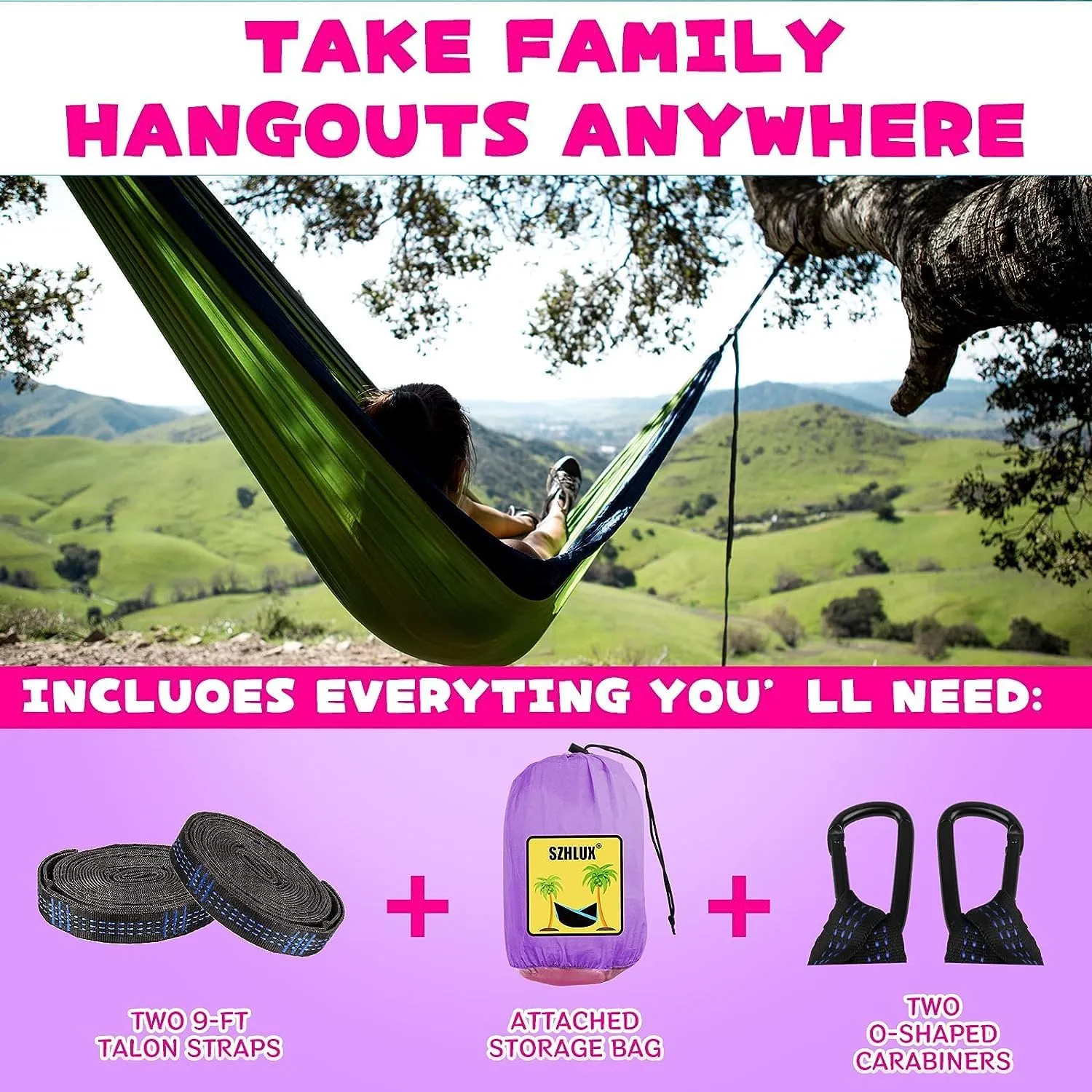 SZHLUX Kids Hammock - Kids Camping Gear, Camping Accessories with 2 Tree Straps and Carabiners for Indoor/Outdoor Use, Pink & Light Purple