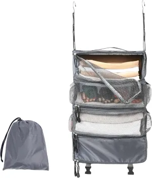 TABITORA Travel Luggage Organizer Hanging Packing Cubes Portable Hanging Shelves Carry on Closet for Suitcase with 2 Hooks,Collapsible(Gray,M)