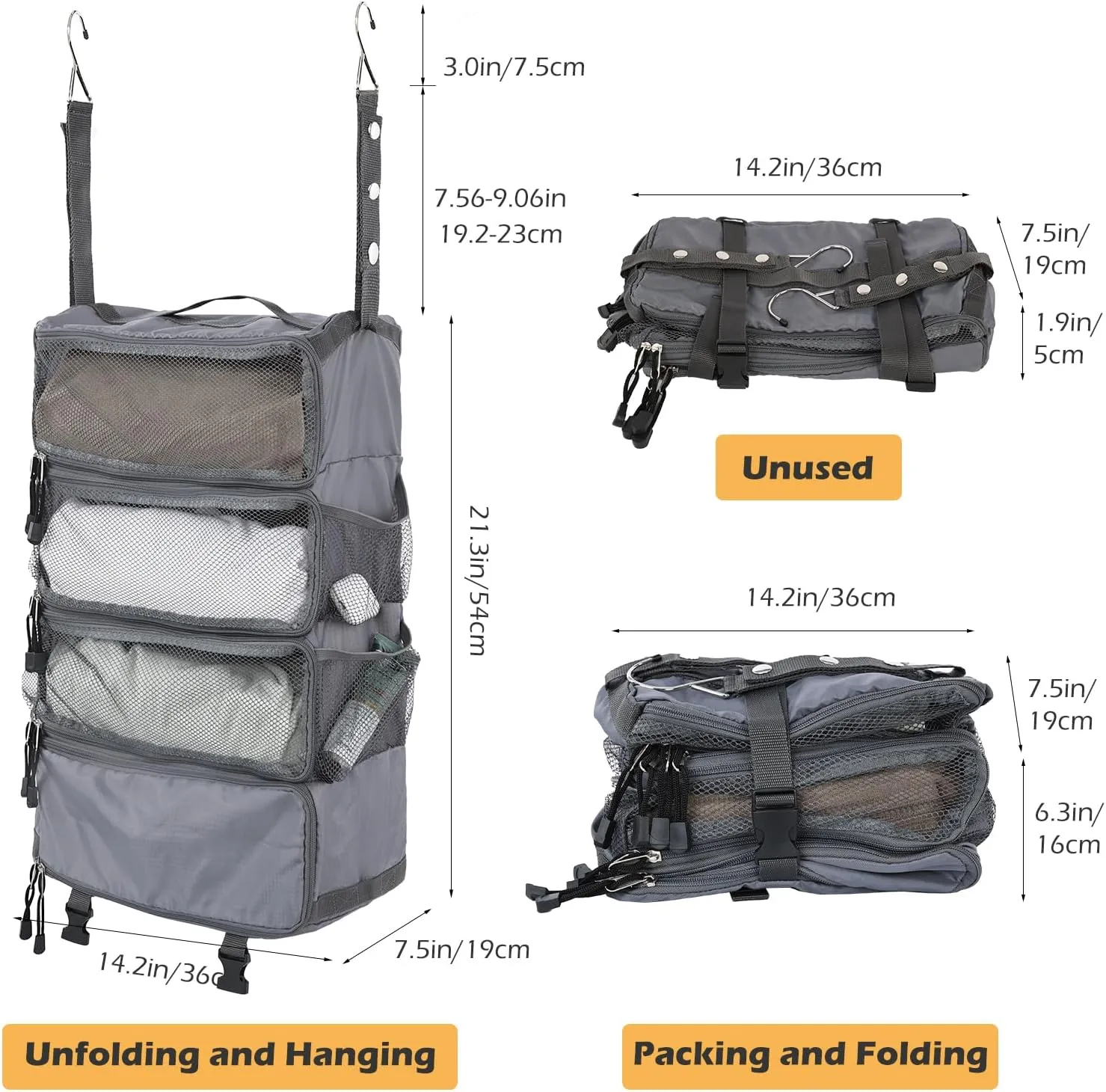 TABITORA Travel Luggage Organizer Hanging Packing Cubes Portable Hanging Shelves Carry on Closet for Suitcase with 2 Hooks,Collapsible(Gray,M)