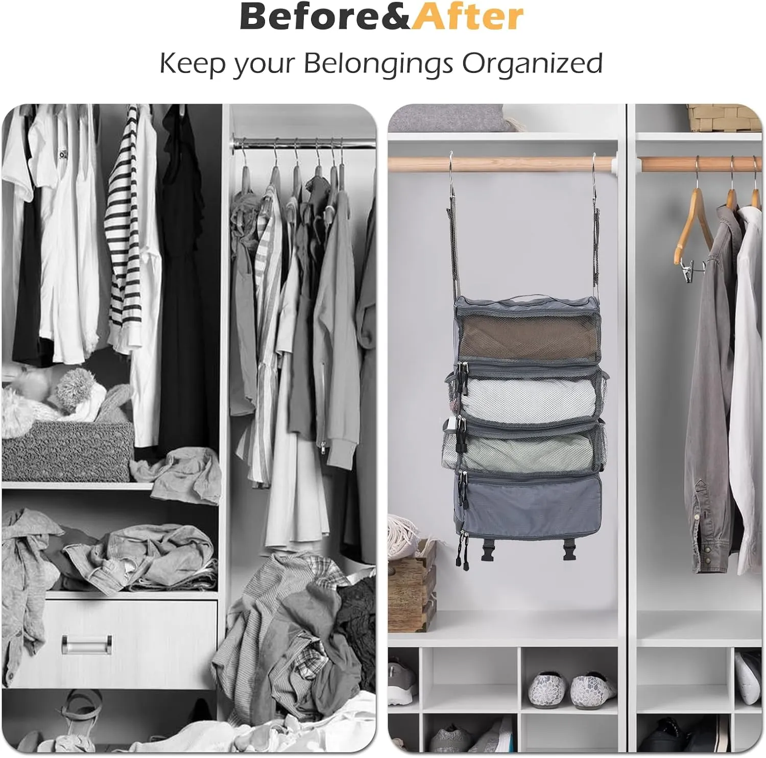 TABITORA Travel Luggage Organizer Hanging Packing Cubes Portable Hanging Shelves Carry on Closet for Suitcase with 2 Hooks,Collapsible(Gray,M)