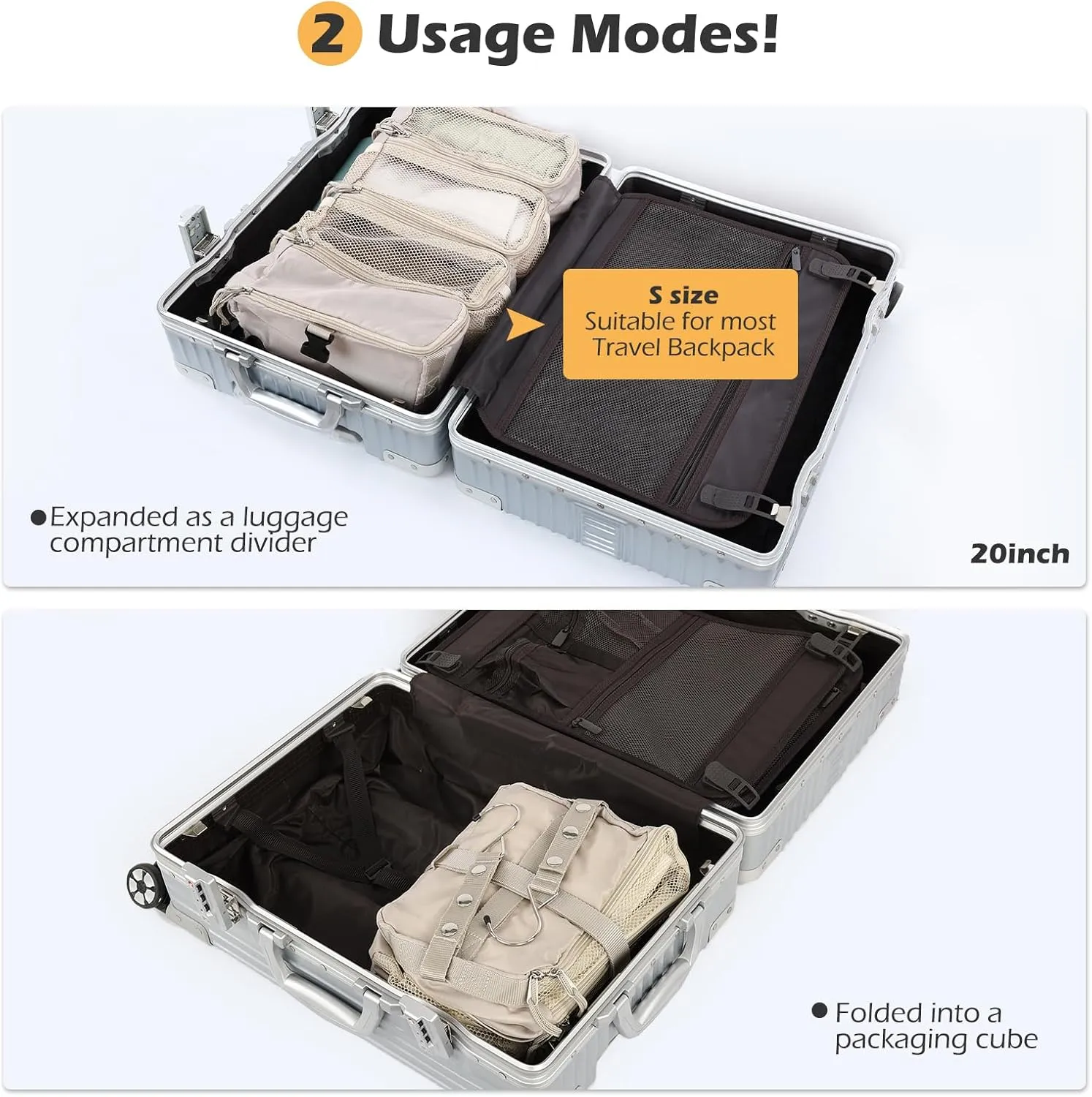 TABITORA Travel Luggage Organizer Hanging Packing Cubes Portable Hanging Shelves Carry on Closet for Suitcase with 2 Hooks,Collapsible(Gray,M)