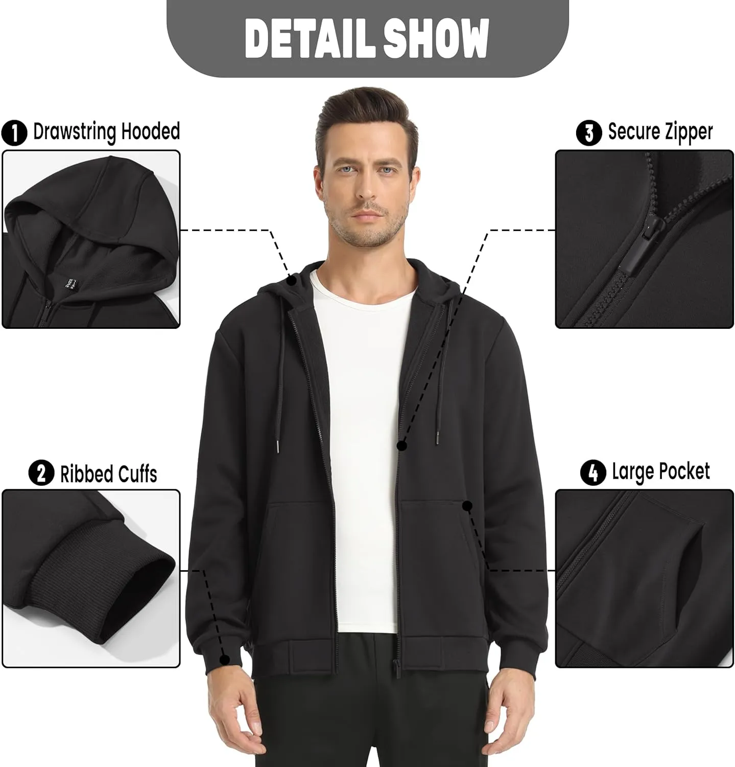 TACVASEN Mens Zip Up Hoodie Fleece Lined Hoodie Jacket Men Full Zip Sweatshirts Outdoor Thermal Athletic Hoodies