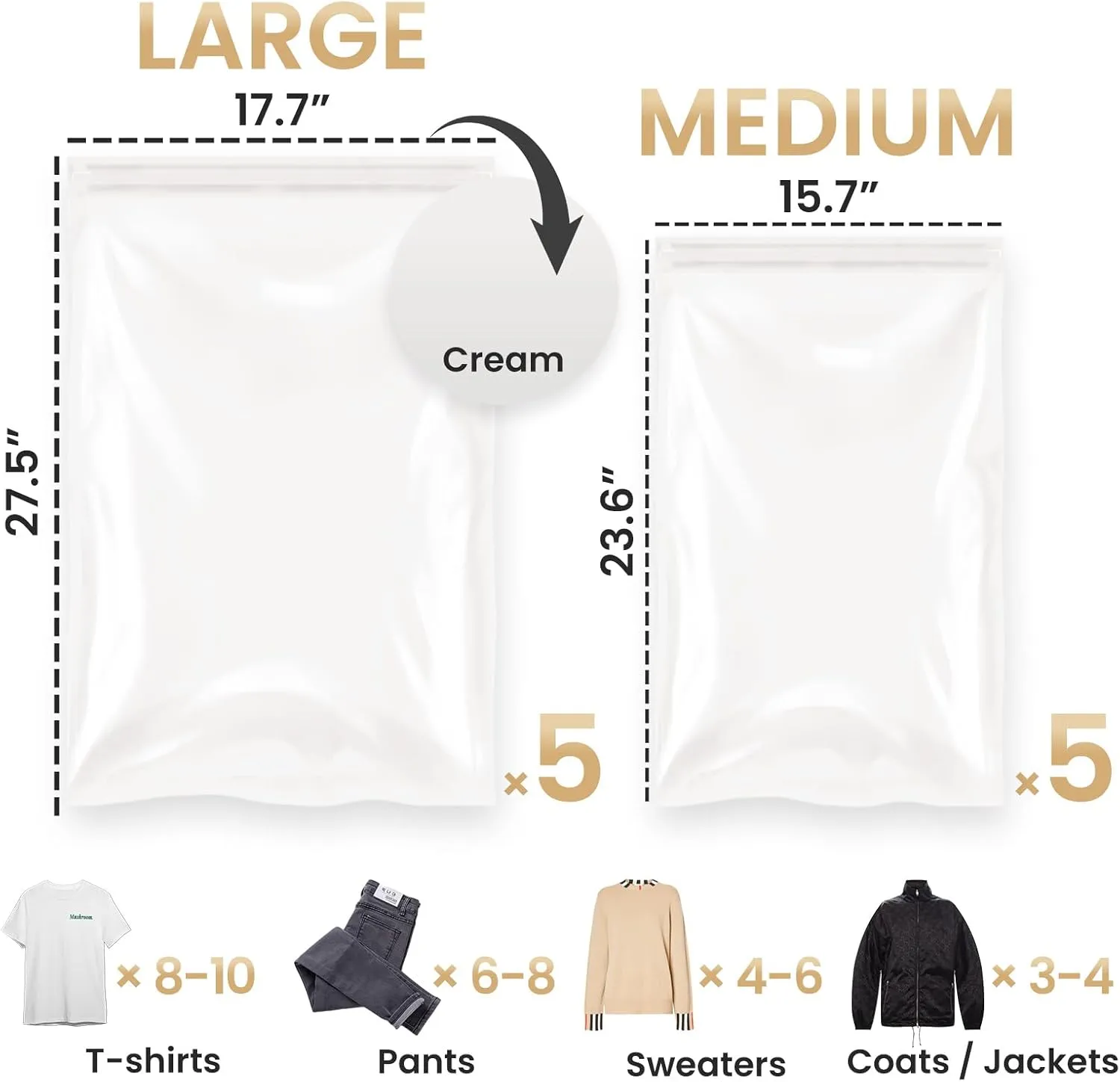TAILI 10 Pack Travel Compression Bags, Roll Up Space Saver Bags (5 Large 5 Medium), No Vacuum Needed Packing for Luggage, Suitcase, Backpack, Travel Essentials, Cream