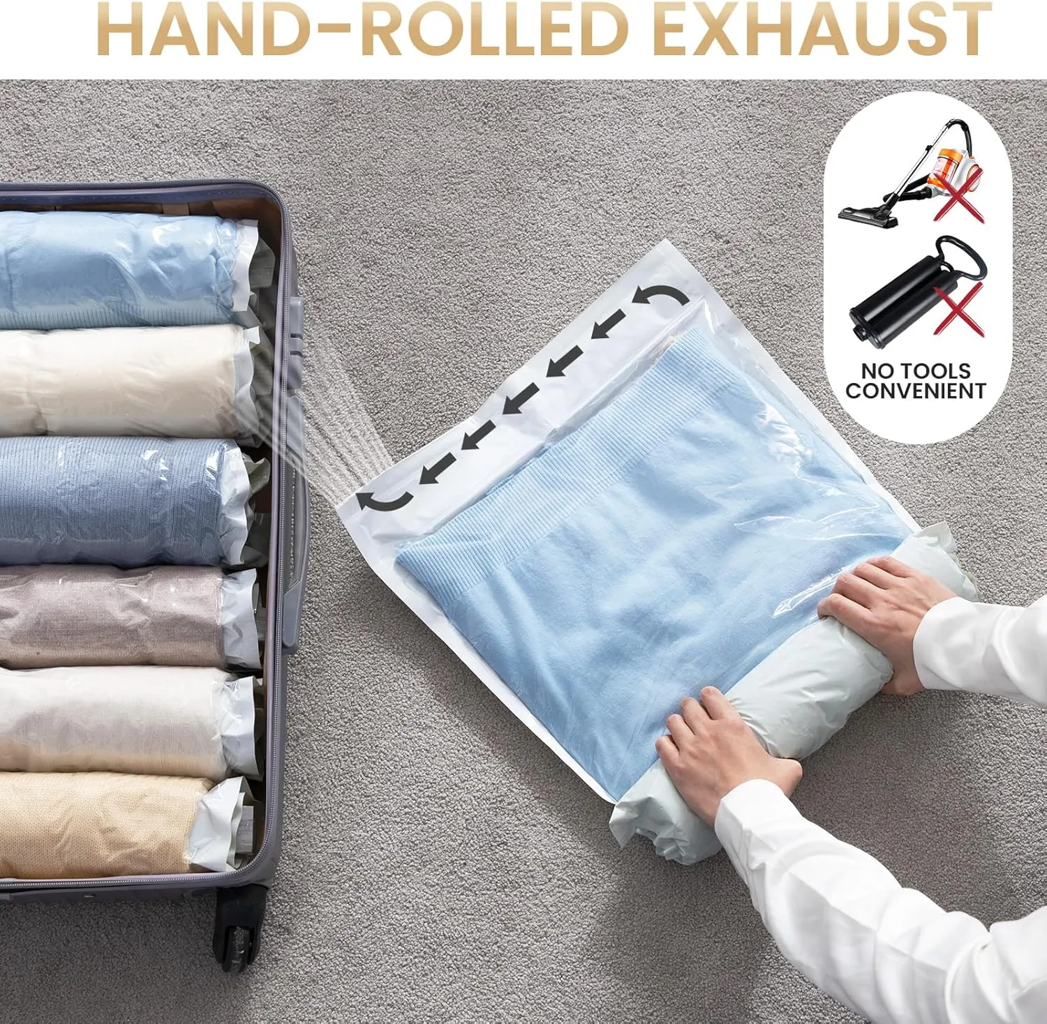 TAILI 10 Pack Travel Compression Bags, Roll Up Space Saver Bags (5 Large 5 Medium), No Vacuum Needed Packing for Luggage, Suitcase, Backpack, Travel Essentials, Cream