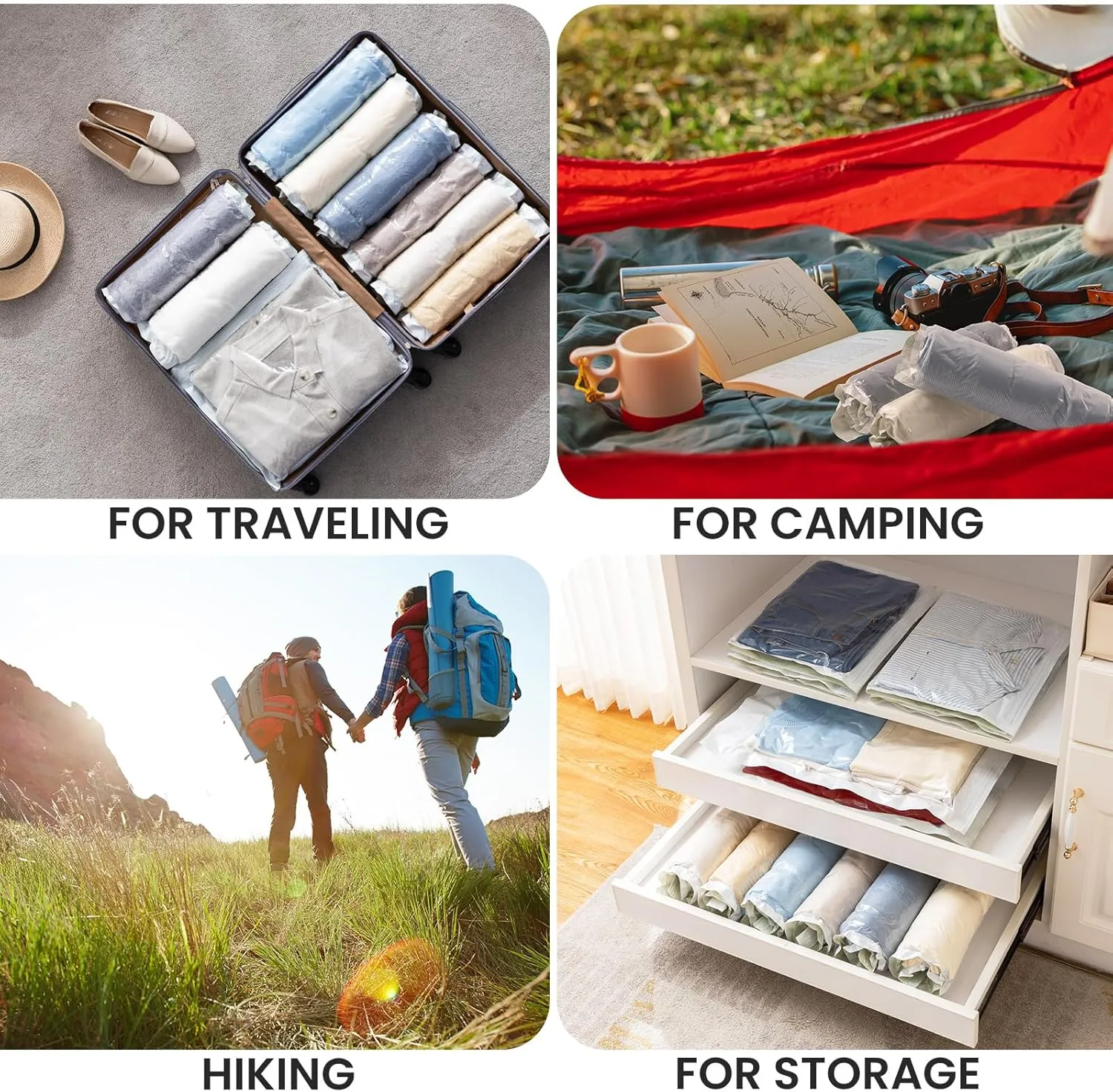 TAILI 10 Pack Travel Compression Bags, Roll Up Space Saver Bags (5 Large 5 Medium), No Vacuum Needed Packing for Luggage, Suitcase, Backpack, Travel Essentials, Cream