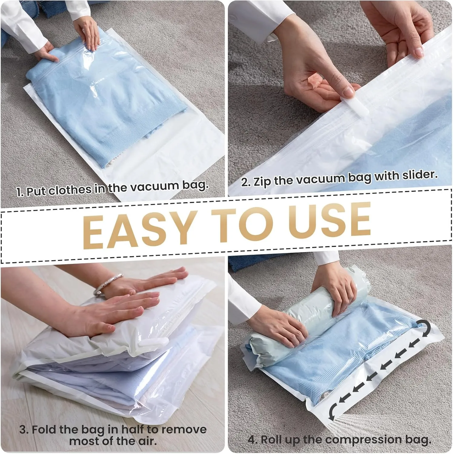 TAILI 10 Pack Travel Compression Bags, Roll Up Space Saver Bags (5 Large 5 Medium), No Vacuum Needed Packing for Luggage, Suitcase, Backpack, Travel Essentials, Cream