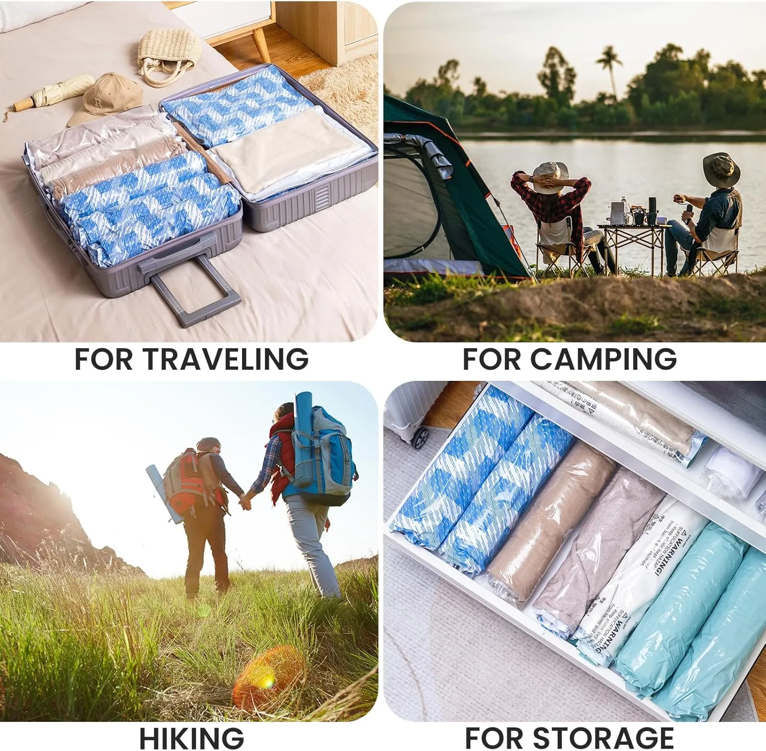 TAILI 12 Pack Travel Compression Bags, Roll Up Space Saver Bags (6 Large 6 Medium), No Vacuum Needed Reusable Packing for Luggage, Suitcase, Backpack, Travel Essentials, Blue Coastline