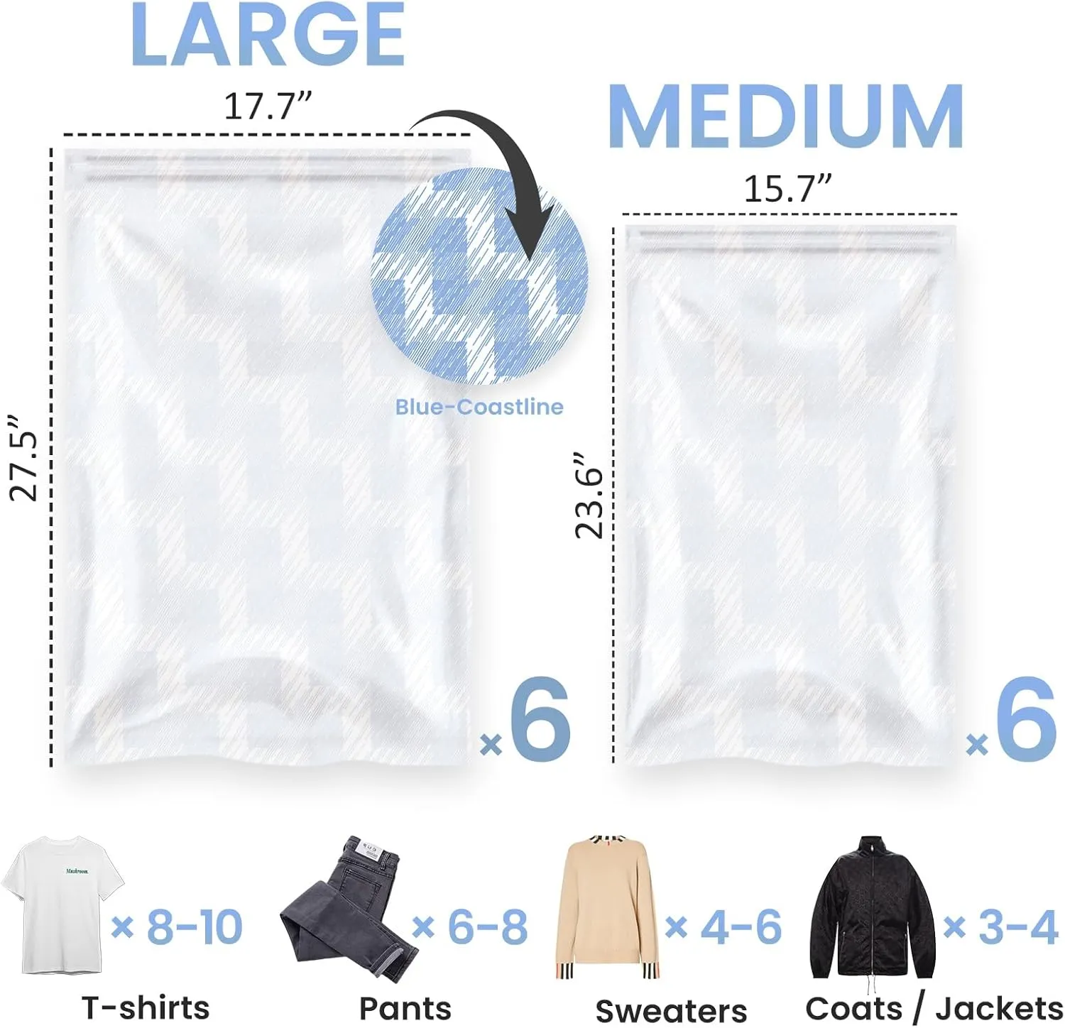 TAILI 12 Pack Travel Compression Bags, Roll Up Space Saver Bags (6 Large 6 Medium), No Vacuum Needed Reusable Packing for Luggage, Suitcase, Backpack, Travel Essentials, Blue Coastline