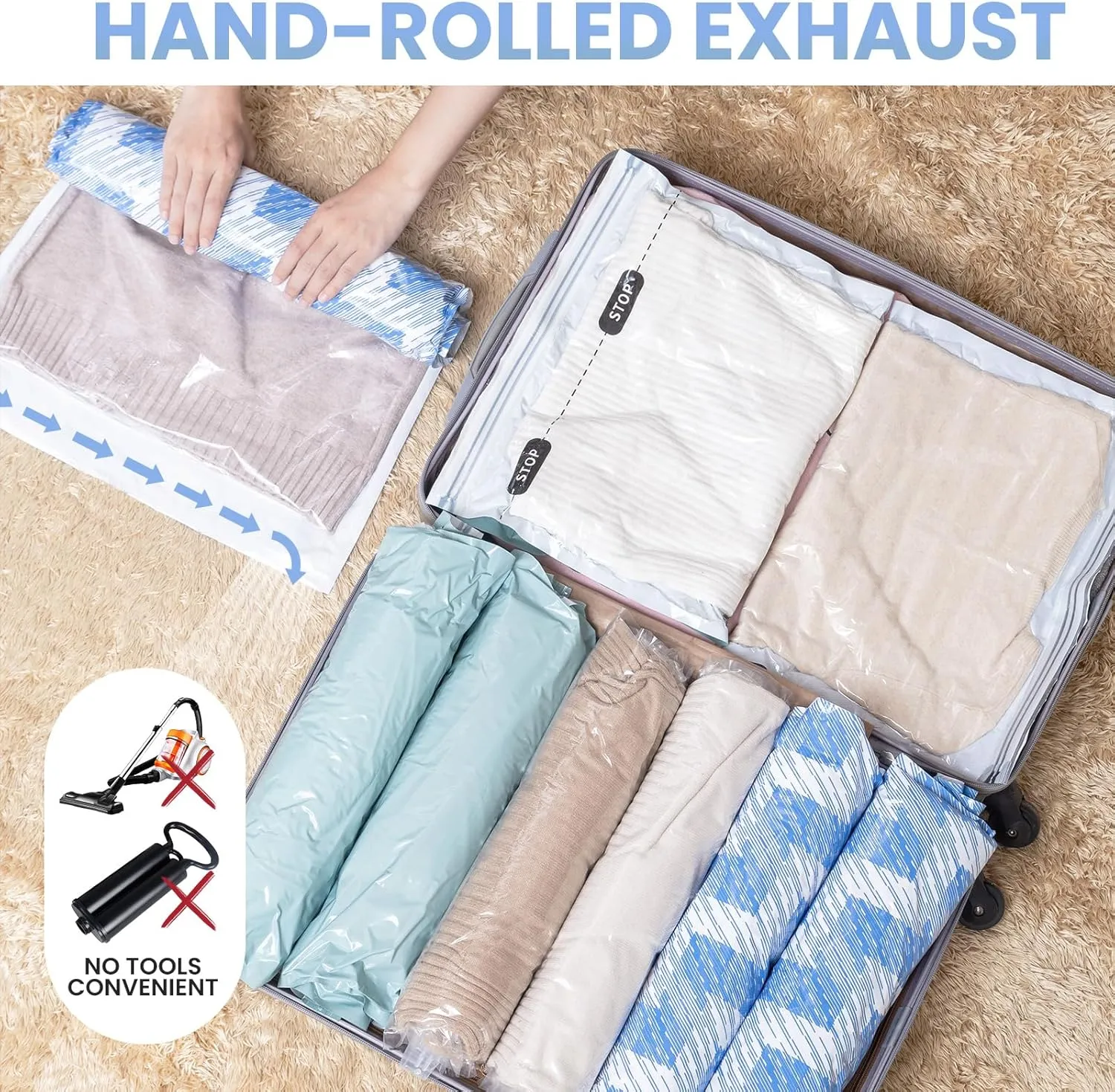 TAILI 12 Pack Travel Compression Bags, Roll Up Space Saver Bags (6 Large 6 Medium), No Vacuum Needed Reusable Packing for Luggage, Suitcase, Backpack, Travel Essentials, Blue Coastline