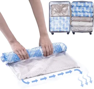 TAILI 12 Pack Travel Compression Bags, Roll Up Space Saver Bags (6 Large 6 Medium), No Vacuum Needed Reusable Packing for Luggage, Suitcase, Backpack, Travel Essentials, Blue Coastline