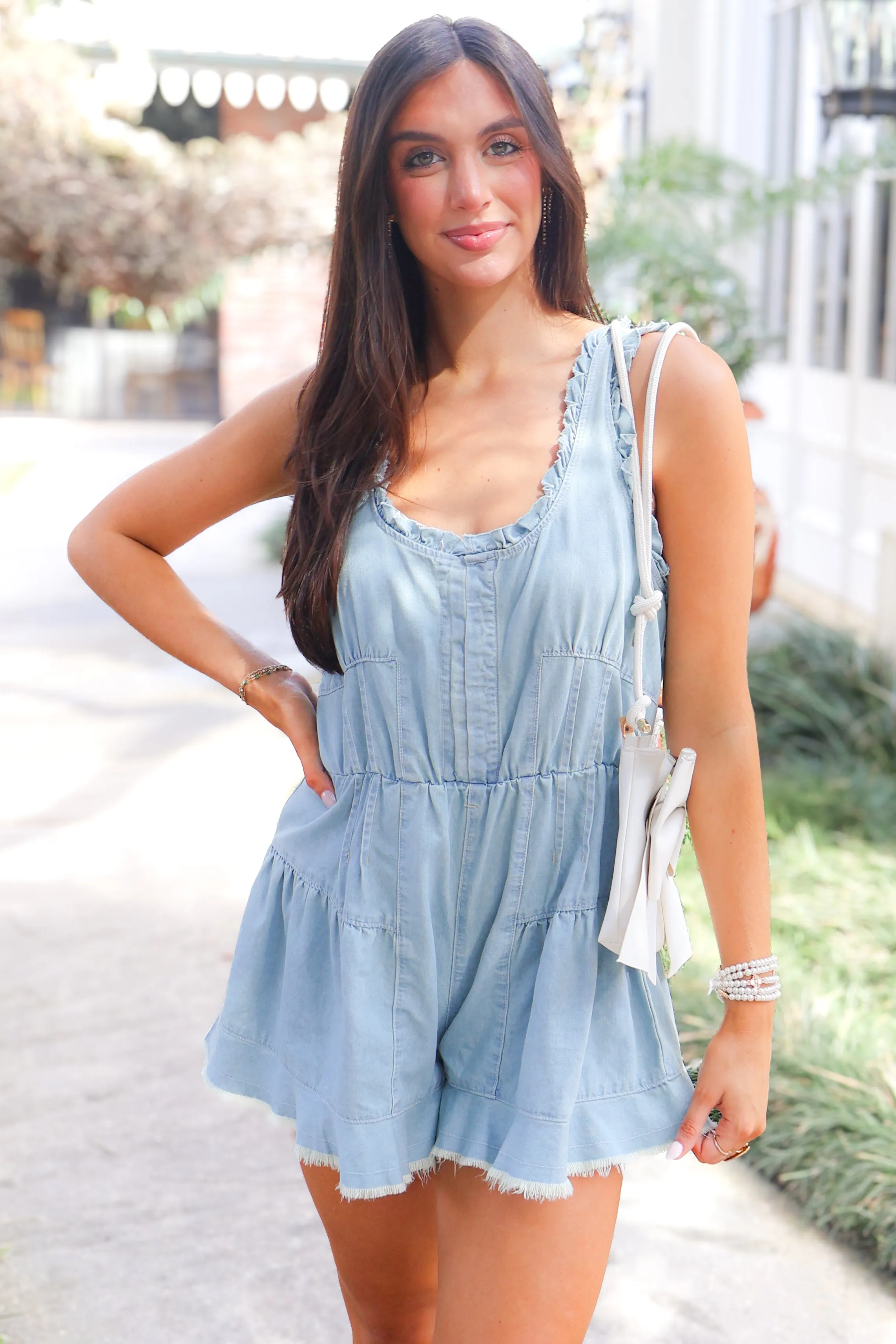 Take A Chance Ruffle Trim Denim Romper