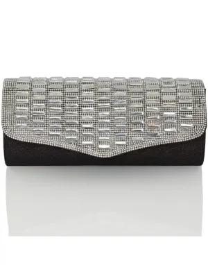 TALITHA DIAMANTE RHINESTONE SPARKLY MIRROR EVENING CLUTCH BAG IN BLACK GLITTER