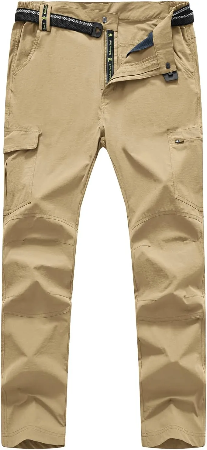 TBMPOY Men's Lightweight Hiking Pants with Belt 5 Zip Pockets Waterproof Quick-Dry Travel Fishing Work Outdoor Pants