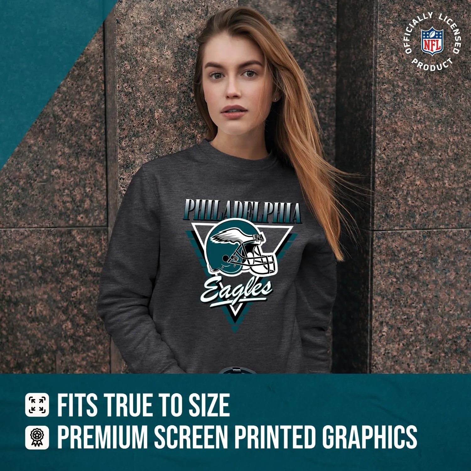 Team Fan Apparel NFL Womens Retro Triangle Slouchy Crewneck, Fleece Pullover Tagless, Long Sleeve Sweatshirt, Football