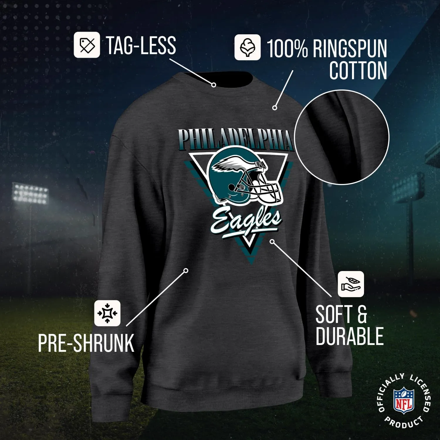 Team Fan Apparel NFL Womens Retro Triangle Slouchy Crewneck, Fleece Pullover Tagless, Long Sleeve Sweatshirt, Football
