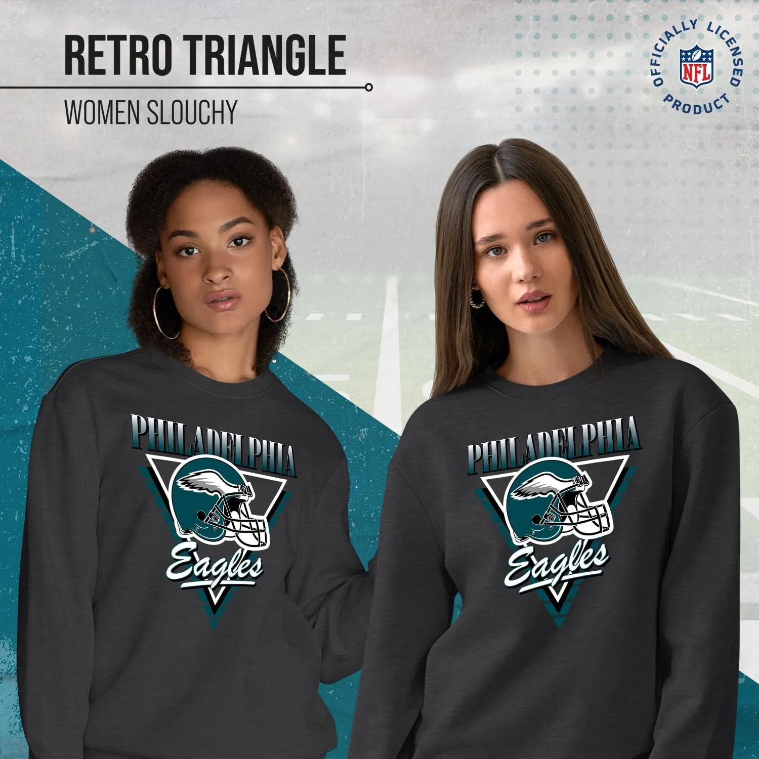 Team Fan Apparel NFL Womens Retro Triangle Slouchy Crewneck, Fleece Pullover Tagless, Long Sleeve Sweatshirt, Football