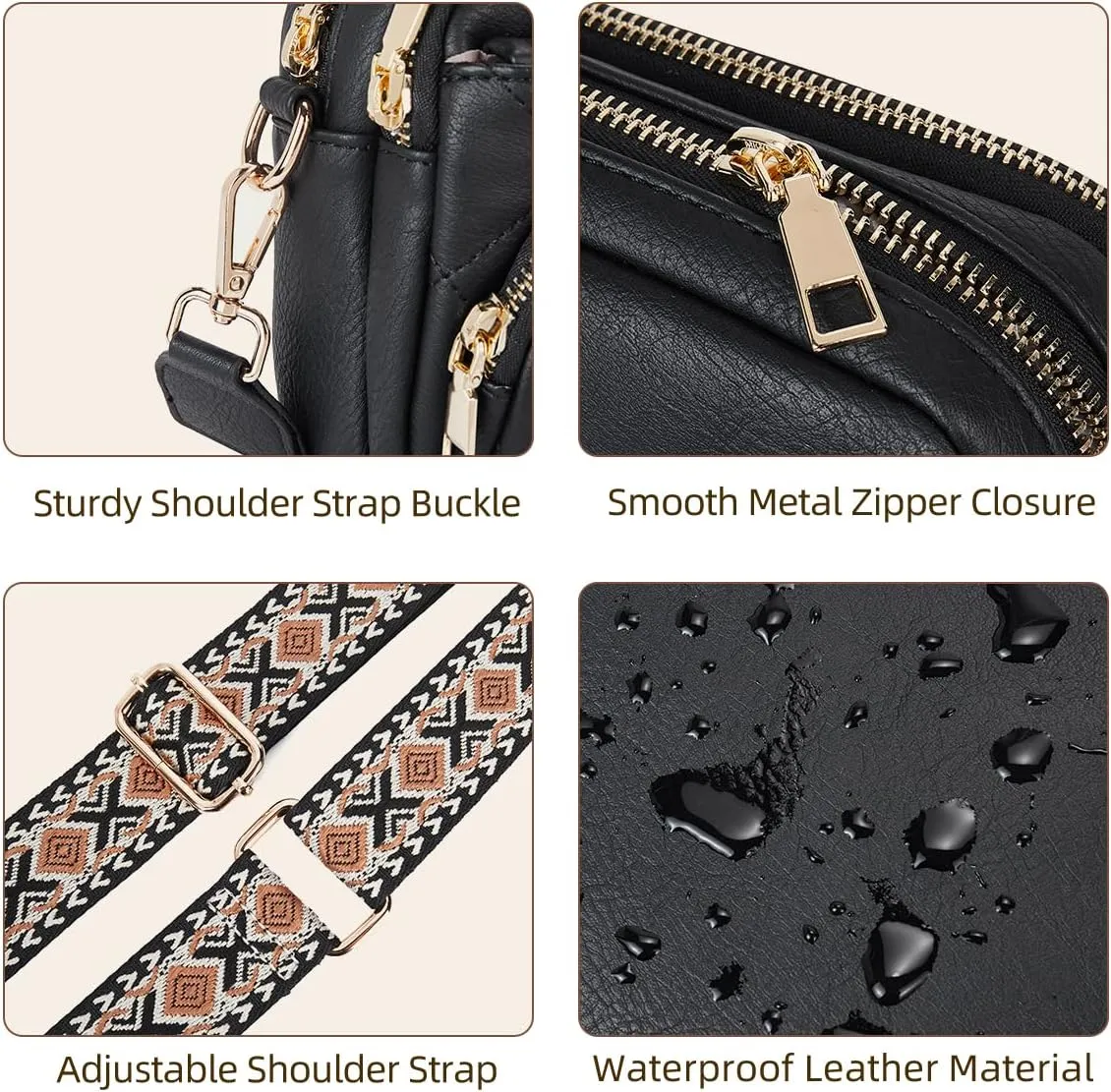 Telena Crossbody Bags for Women Small Crossbody Purses Quilted Vegan Leather with Guitar Strap Beige with Brown