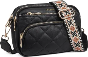 Telena Crossbody Bags for Women Small Crossbody Purses Quilted Vegan Leather with Guitar Strap Beige with Brown