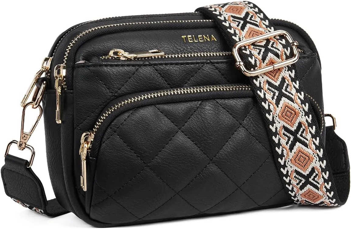 Telena Crossbody Bags for Women Small Crossbody Purses Quilted Vegan Leather with Guitar Strap Beige with Brown