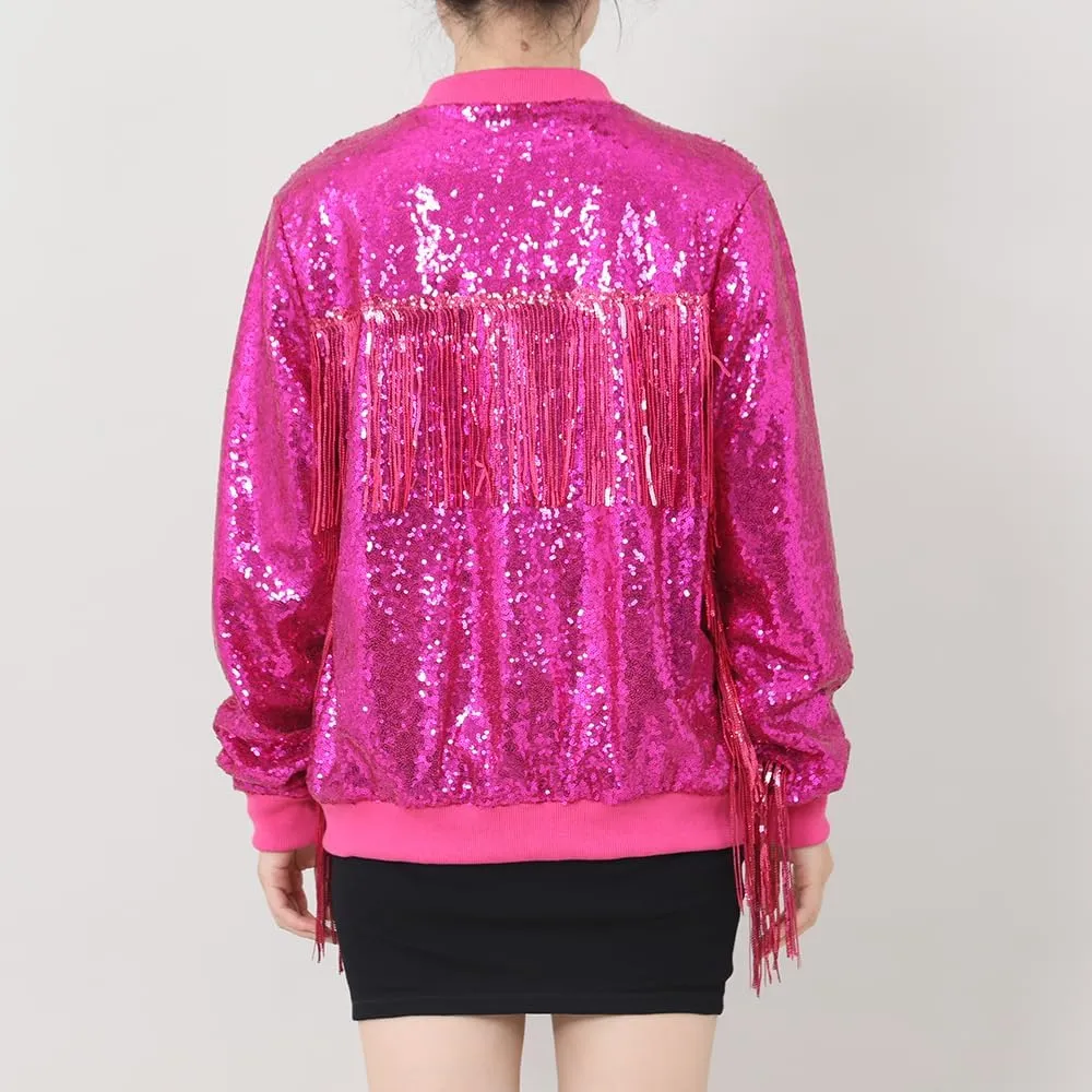 Tessel Sequin Jacket for Women Sparkly Bomber Varsity Trendy Shiny Coat Ladies Glitter Birthday Party Holiday Clothes