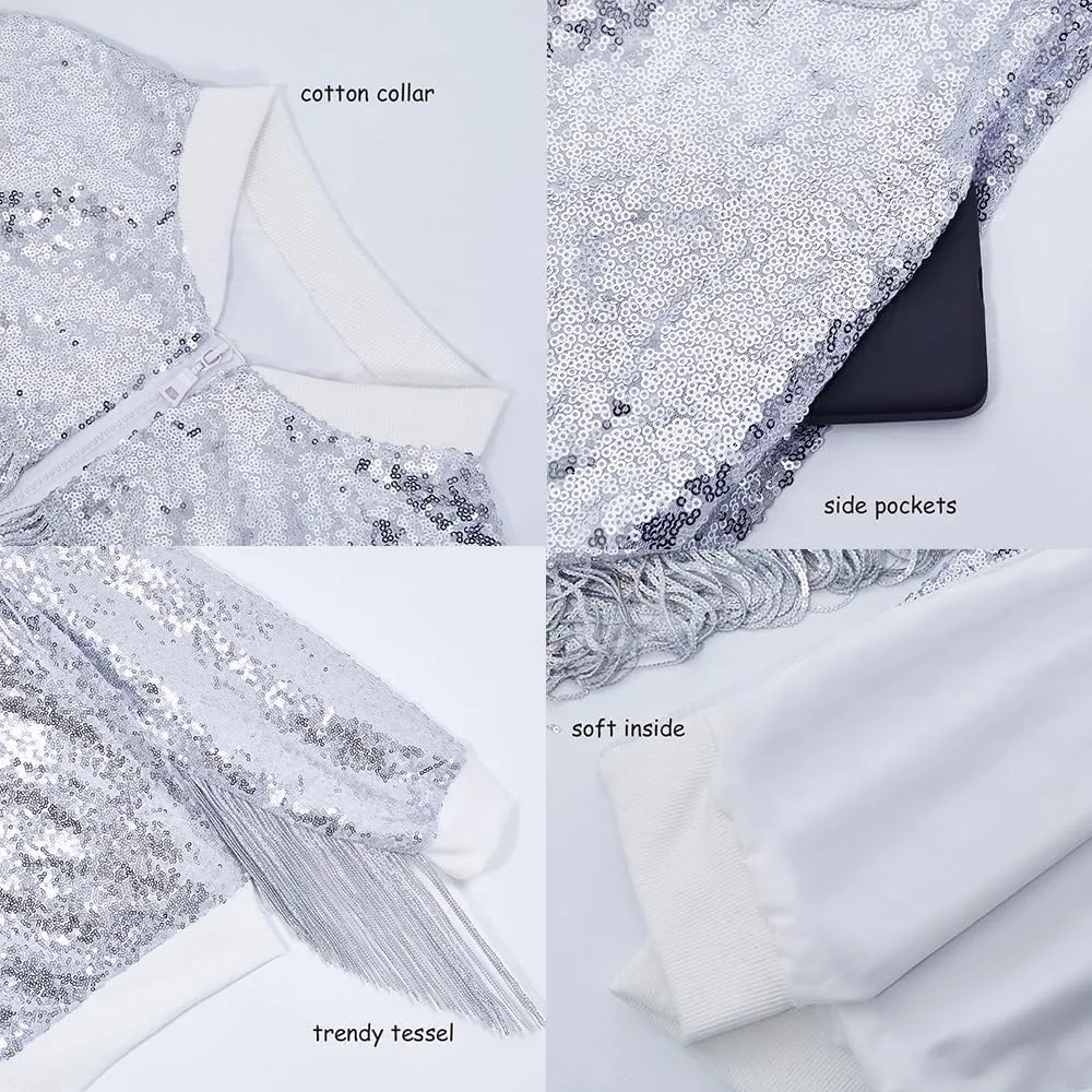 Tessel Sequin Jacket for Women Sparkly Bomber Varsity Trendy Shiny Coat Ladies Glitter Birthday Party Holiday Clothes