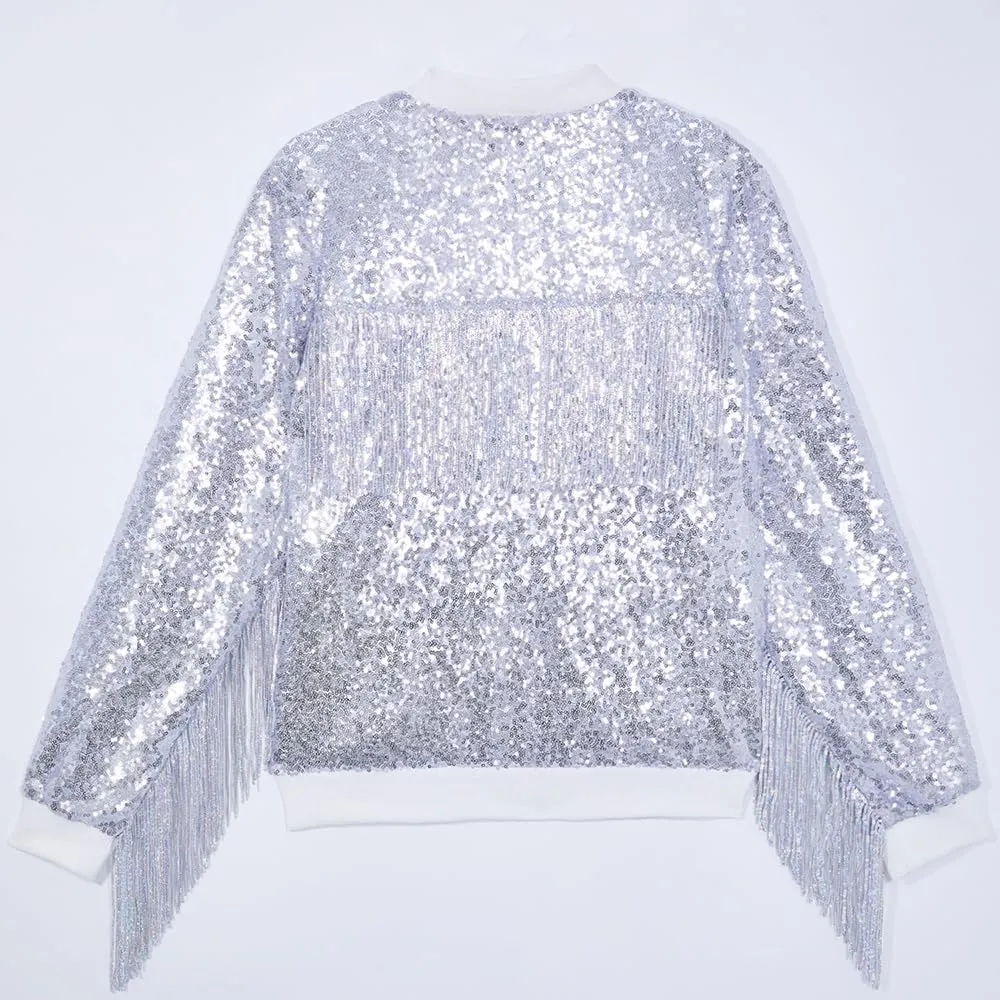 Tessel Sequin Jacket for Women Sparkly Bomber Varsity Trendy Shiny Coat Ladies Glitter Birthday Party Holiday Clothes