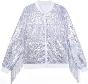 Tessel Sequin Jacket for Women Sparkly Bomber Varsity Trendy Shiny Coat Ladies Glitter Birthday Party Holiday Clothes