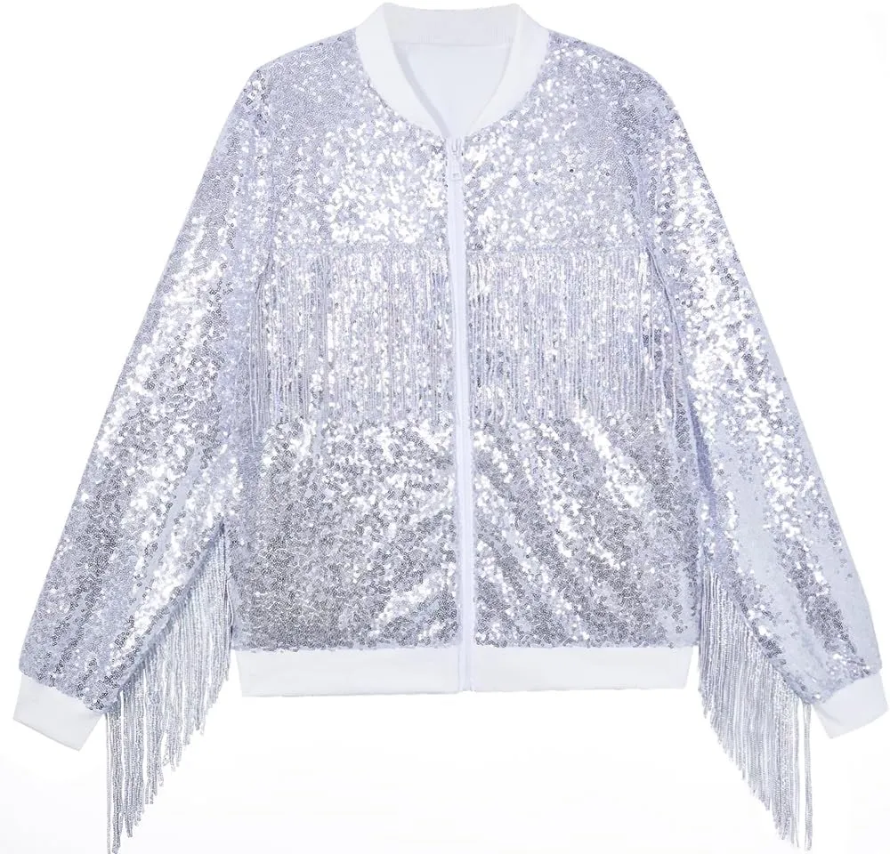 Tessel Sequin Jacket for Women Sparkly Bomber Varsity Trendy Shiny Coat Ladies Glitter Birthday Party Holiday Clothes