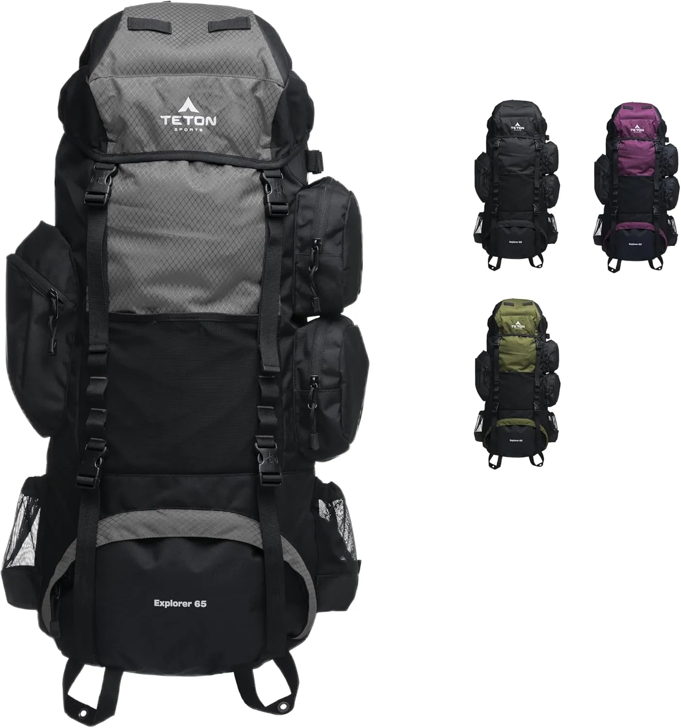 Teton 65L Explorer Internal Frame Backpack for Hiking, Camping, Backpacking, Rain Cover Included, Graphite