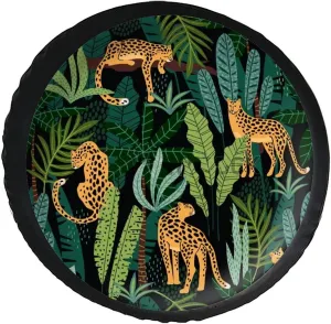 Tigers Leopard in Jungle Palm Tree Leaf Travel Trailer Camper Truck SUV Motorhome Waterproof Wheel Cover, Sun Rain Snow Protector 30inch