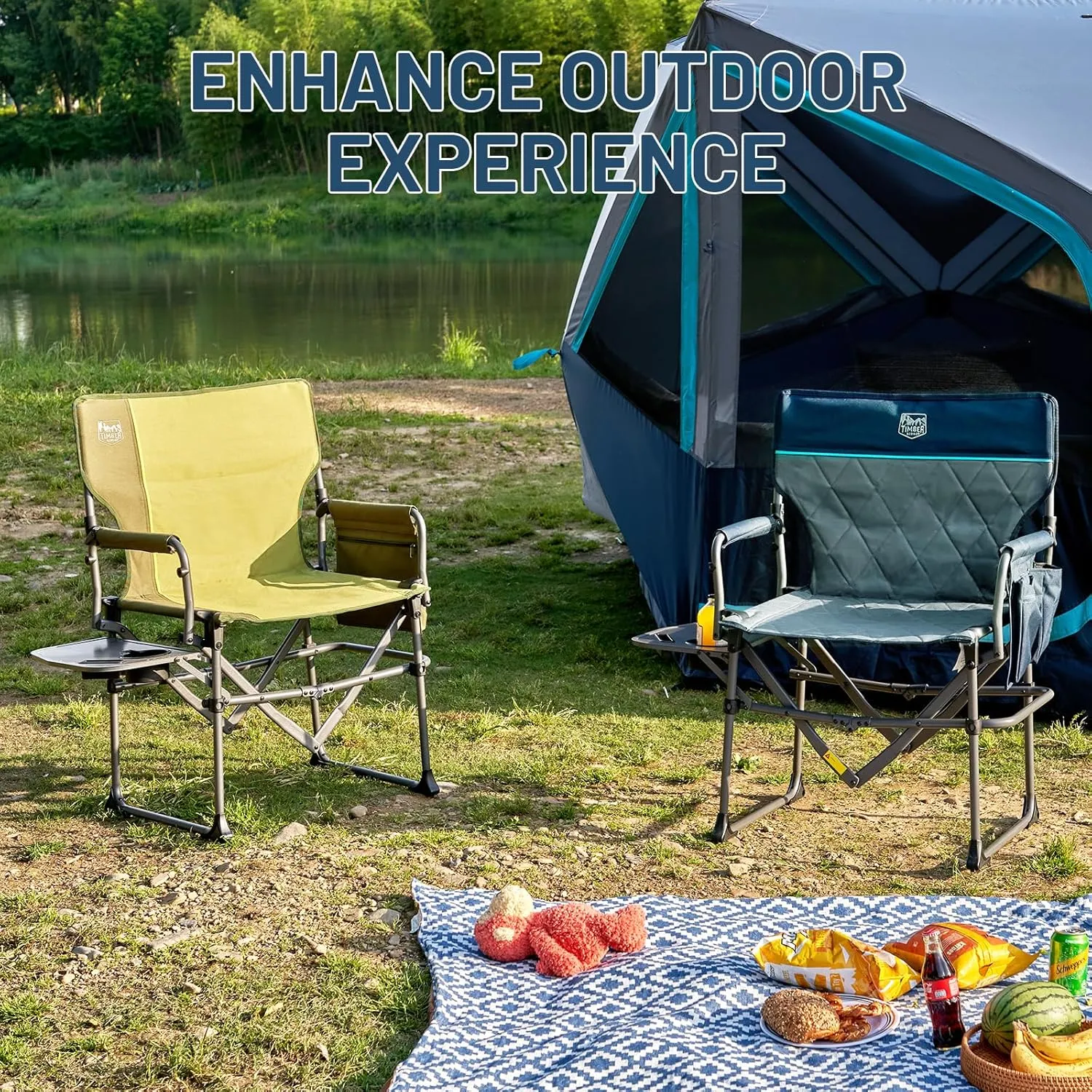 TIMBER RIDGE Aluminum Camping Directors Chair with Side Table Pocket, Portable Folding Chair, Heavy Duty Lawn Chair for Fishing Trip Picnic Concert Outdoor 400lbs, Green