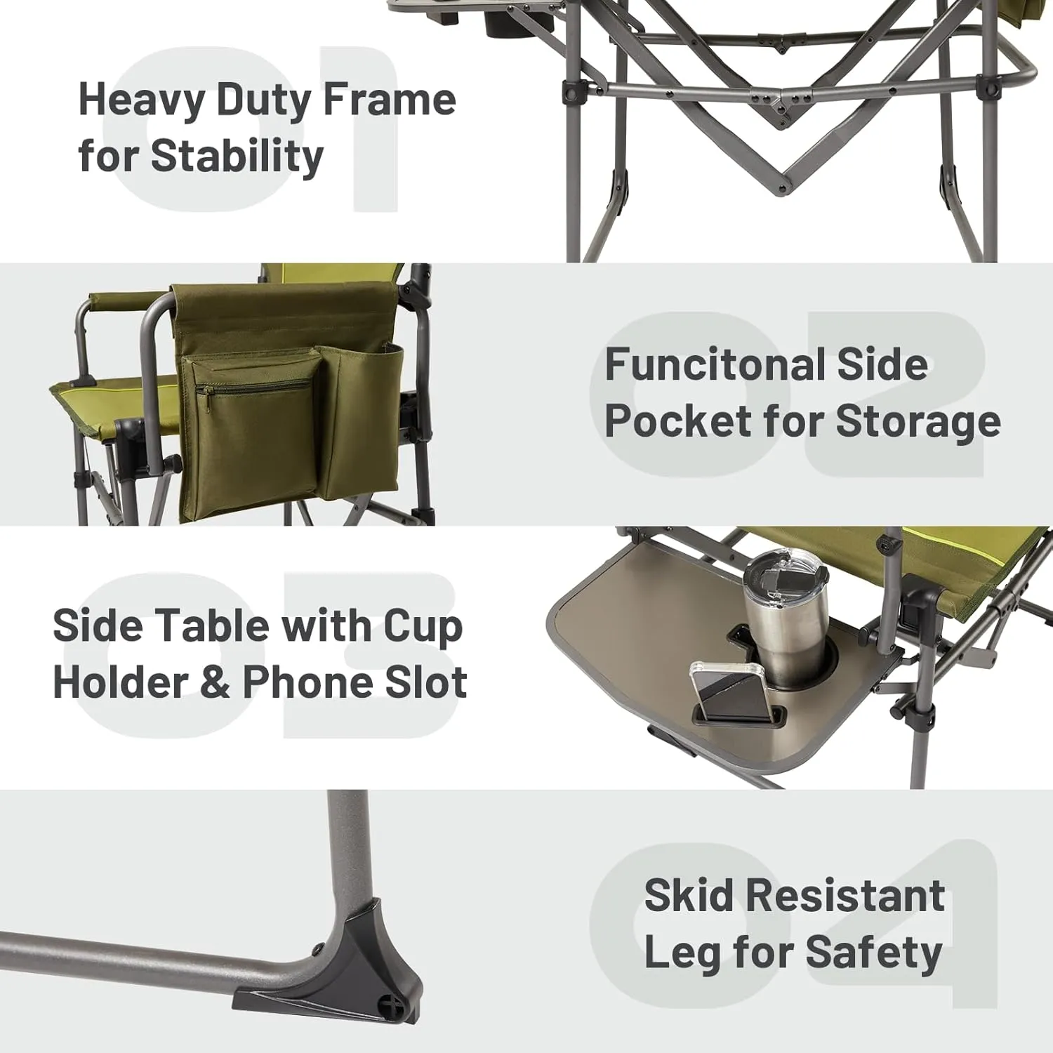 TIMBER RIDGE Aluminum Camping Directors Chair with Side Table Pocket, Portable Folding Chair, Heavy Duty Lawn Chair for Fishing Trip Picnic Concert Outdoor 400lbs, Green