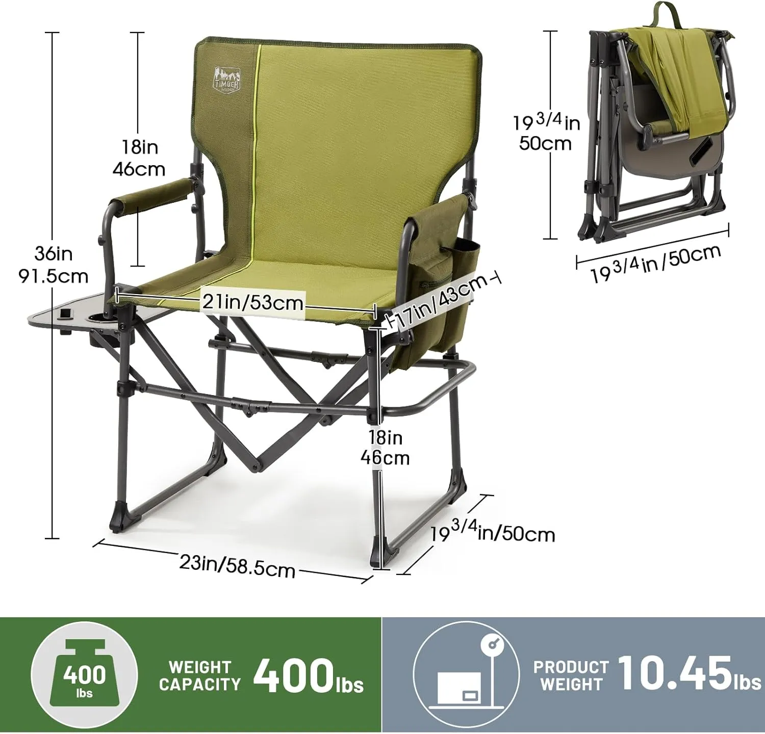 TIMBER RIDGE Aluminum Camping Directors Chair with Side Table Pocket, Portable Folding Chair, Heavy Duty Lawn Chair for Fishing Trip Picnic Concert Outdoor 400lbs, Green