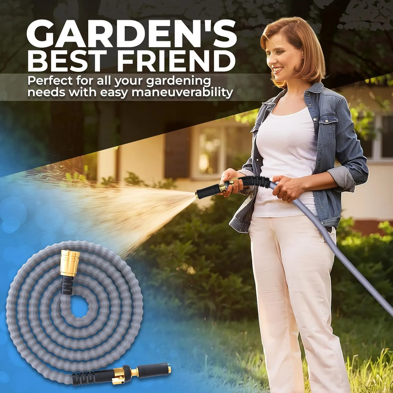 TITAN Garden Hose 100FT | NON-EXPANDING Durable, Flexible, Ultra Lightweight, Extra Strength Fabric Hybrid Water Hose, Heavy Duty Brass Connectors, With Jet Nozzle For Home, Marine, RV