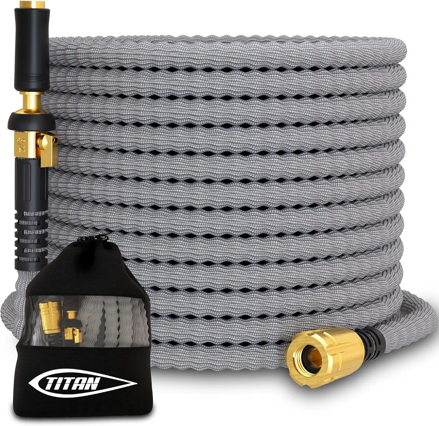 TITAN Garden Hose 100FT | NON-EXPANDING Durable, Flexible, Ultra Lightweight, Extra Strength Fabric Hybrid Water Hose, Heavy Duty Brass Connectors, With Jet Nozzle For Home, Marine, RV