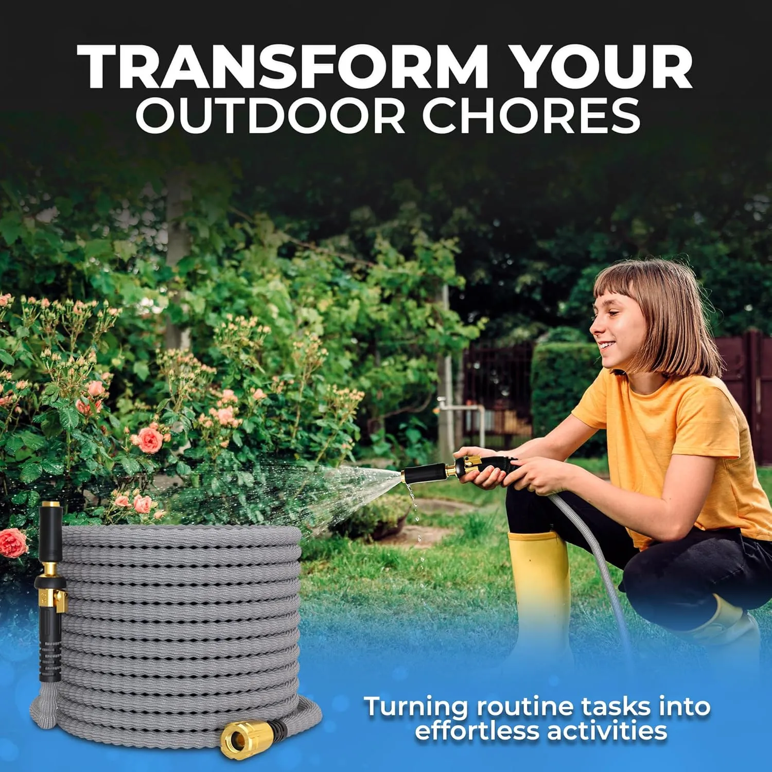 TITAN Garden Hose 65FT | NON-EXPANDING Durable, Flexible, Ultra Lightweight, Extra Strength Fabric Hybrid Water Hose, Heavy Duty Brass Connectors, With Jet Nozzle For Home, Marine, RV
