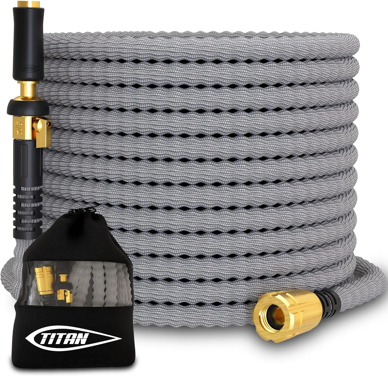 TITAN Garden Hose 65FT | NON-EXPANDING Durable, Flexible, Ultra Lightweight, Extra Strength Fabric Hybrid Water Hose, Heavy Duty Brass Connectors, With Jet Nozzle For Home, Marine, RV