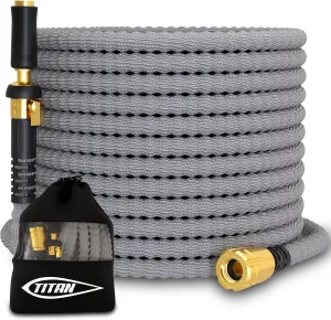 TITAN Garden Hose 65FT | NON-EXPANDING Durable, Flexible, Ultra Lightweight, Extra Strength Fabric Hybrid Water Hose, Heavy Duty Brass Connectors, With Jet Nozzle For Home, Marine, RV